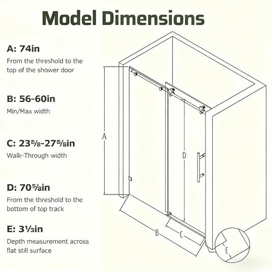 56-60" W x 74" H Frameless Shower Door, Bathroom Soft-Close Sliding Shower Doors - Image 2
