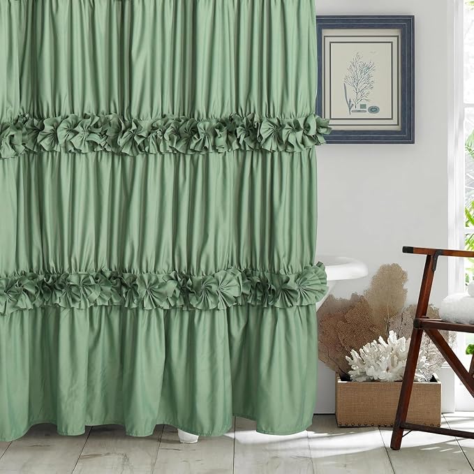Light Green Ruffle Shower Curtain 72“ W x 84” H, Vintage Handcrafted Bow Tie - Image 8