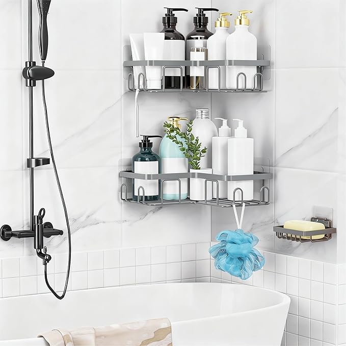 Moforoco Corner Shower Caddy Shelf Organizer Rack, Self Adhesive Grey Bathroom - Image 6