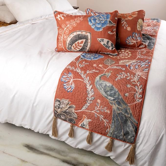 The HomeCentric Orange Bed Runner, King Size 90"x18" Decorative Bed Runner with 2 Matching Pillow Cover, Rust or Orange Linen Bed Scarf in Quilted Peacock, Linen & Jute Embroidery - Peacock Soiree