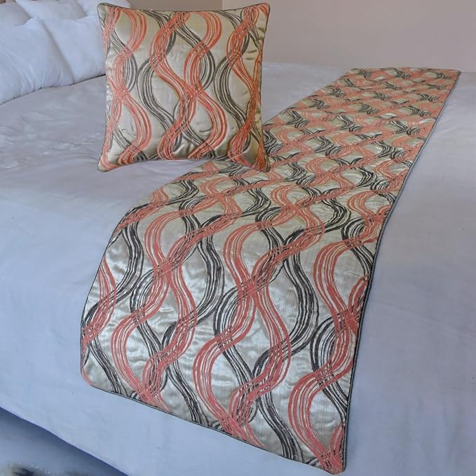 The HomeCentric King/Queen/Twin Orange Luxury King 90"x18" Bed Runner with Two Pillow Cover, Swirls & Quilted Bed Scarf on Jacquard Fabric - Orange Twirls