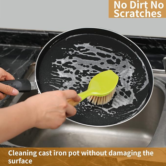 2 Pack Kitchen Dish Brush Bamboo Handle Dish Scrubber Built-in Scraper - Image 7