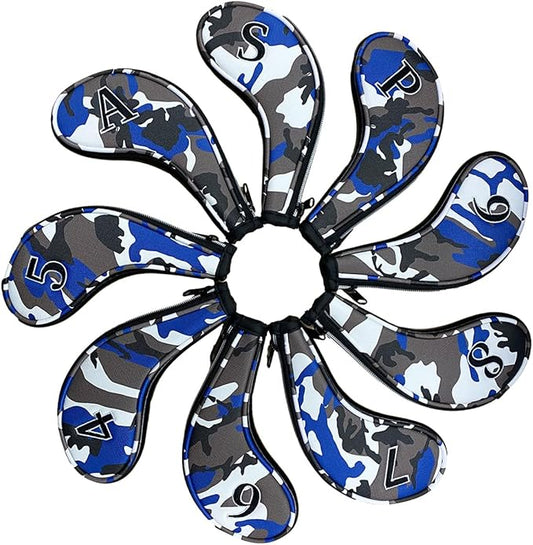9pcs PU Leather Camouflage Blue Zipper Long Neck Design Golf Iron Headcovers - Image 2