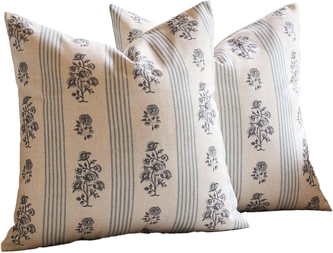 Amor Virisso Floral Throw Pillow Covers 22x22 Set of 2 Block Print Pillow Covers Neutral Floral Striped Farmhouse Decorative Pillow Covers for Sofa Couch Bed, Light Blue
