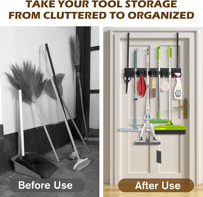 Mop and Broom Holder Over the Door, Wood Broom Hanger, Broom and Mop Organizer - Image 7