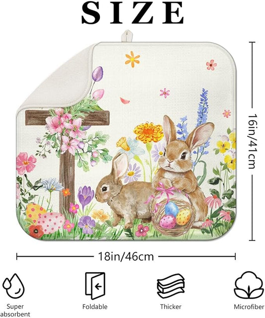 Easter Dish Drying Mat for Kitchen Counter, Cute Bunny Spring Florals - Image 2