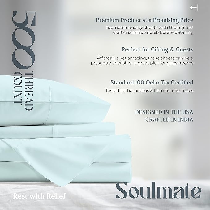 Mayfair Linen 500 Thread Count Twin XL Cotton Sheets - 3 PC Twin XL Size Bed Sheet Set Cotton (Sea Foam), Ultra Soft, Cooling, Sateen Weave Hotel-Quality 16" Deep Pocket Bedsheet (Fits 18" Mattress)