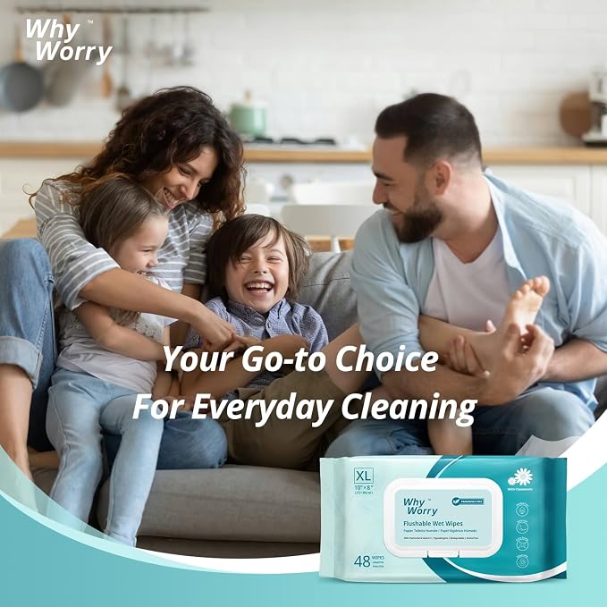 WhyWorry Flushable Wipes for Adults, Extra Large 8"x10" Butt Wipes for Personal - Image 7