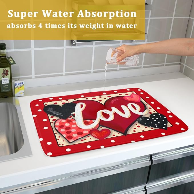 Love Heart Dish Drying Mat 18"x24" Red Dots Microfiber Dish Rack Mat Holiday - Image 7
