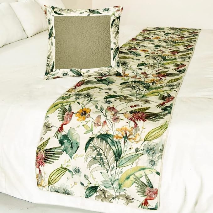 The HomeCentric King Queen Twin Ivory & Multi Designer Twin 53"x18" Bed Runner Without Pillow Cover, Bird, Sequins & Beaded Bed Scarf on Cotton Fabric - Exotic Birds