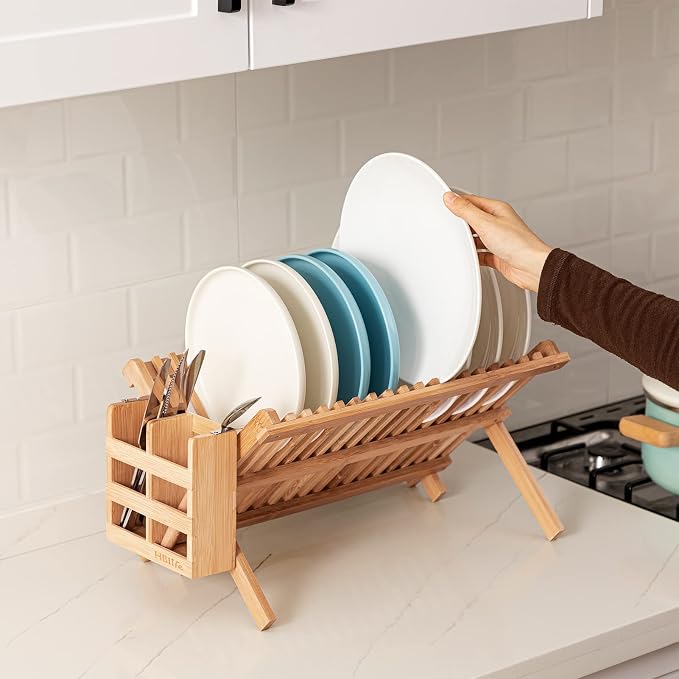 HBlife Dish Rack, Bamboo Folding 2-Tier Collapsible Drainer Dish Drying Rack - Image 6