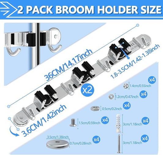 3-H Magnetic Broom Holder Wall Mount 2 Pack, 2-in-1 Dual Mount, 304 Stainless - Image 2