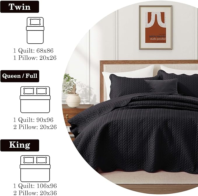 IR Imperial Rooms King Quilt Bedding Set Size (106" x 96") + 2 Pillow Shams (20" x 36"+ 2") - 3 Pcs All Season Lightweight Reversible Microfiber Coverlet Embossed Quilt Bedspread (Black)