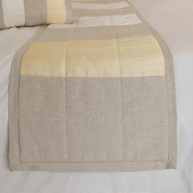 The HomeCentric King/Queen/Twin Beige Decorative CA King 86"x18" Bed Runner with 2 Pillow Cover, Color Block, Patchwork, Quilted, Silk, Linen & Striped Bed Scarf on Linen & Silk Fabric - Alikka