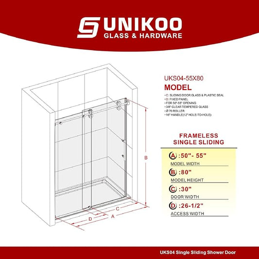 50-55 Inch x 80 Inch Sliding Frameless Shower Door, 3/8" Tempered Glass - Image 2