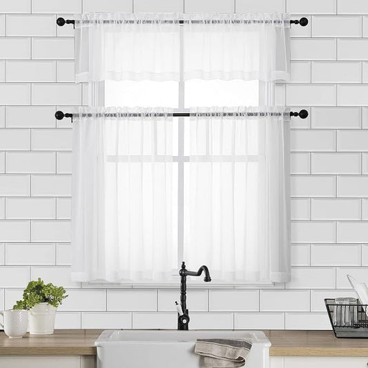 Chyhomenyc White Sheer Curtains 30 inch Length 2 Panels, Light Filtering Voile - Image 2