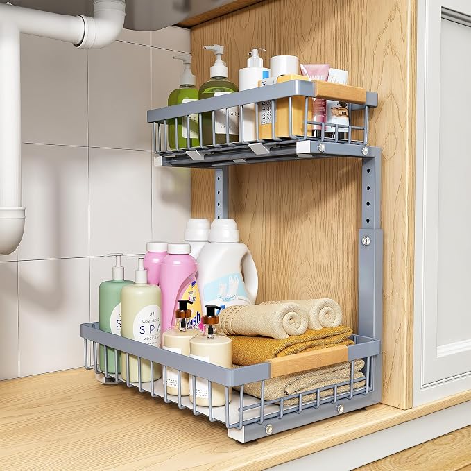 PXRACK Under Sink Organizer, Adjustable Height, 2 Tier Pull Out Under Cabinet by PXRACK