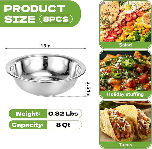 8 PCS Stainless Steel Mixing Bowls 13 Inch 8 Qt Extra Large Metal Basin - Image 2
