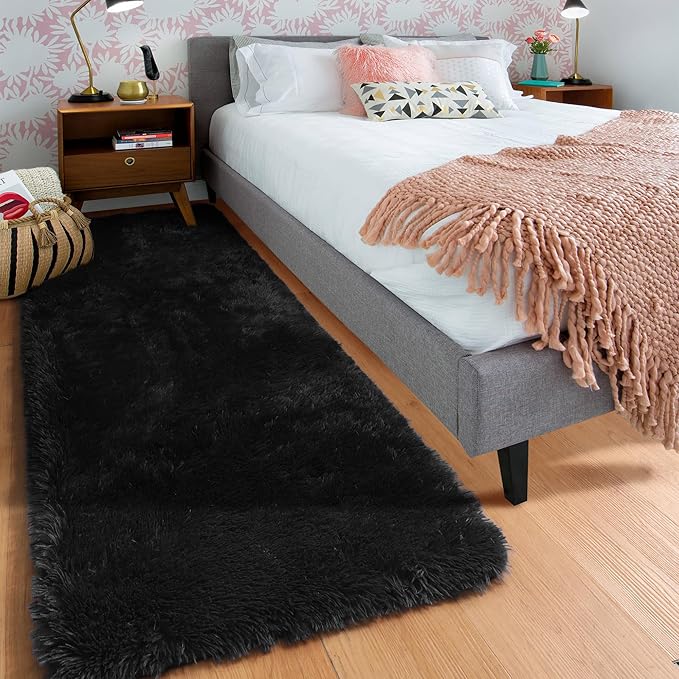 ONASAR Black Runner Rugs for Bedroom Living Room, Washable Bedside Fluffy Area Rug 2x6 Feet, Ultra Soft Plush Shaggy Furry Floor Throw Carpet for Hallway Baby Kids Dorm Closet Home Decor