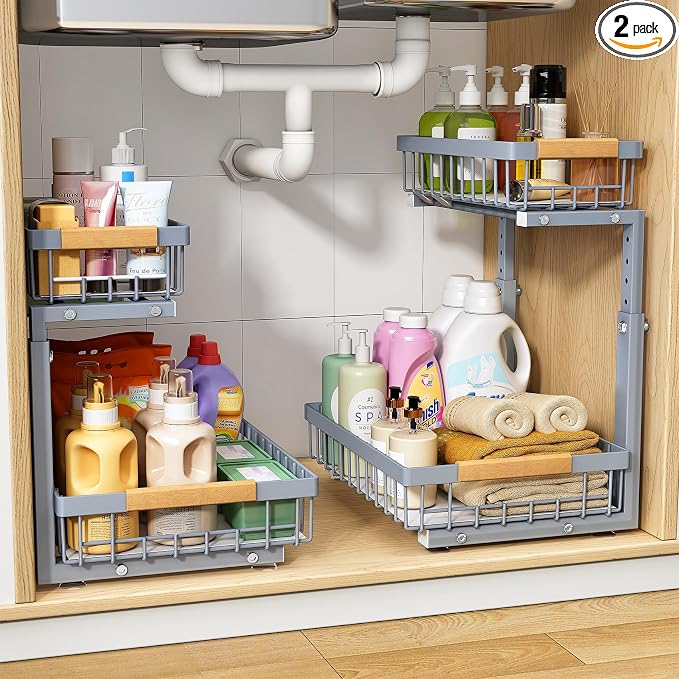 PXRACK Under Sink Organizer, Adjustable Height, 2 Tier Pull Out Under Cabinet by PXRACK
