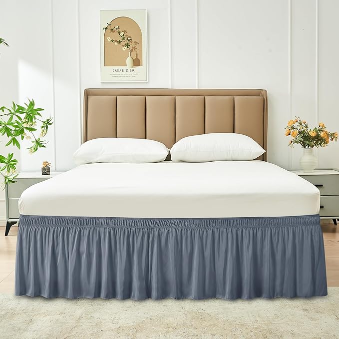 Biscaynebay Wrap Around Bed Skirts for Full & Full XL Beds 15" Drop, Dark Grey Adjustable Elastic Dust Ruffles Easy Fit Wrinkle & Fade Resistant Silky Luxurious Fabric Machine Washable