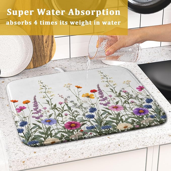 Giwawa Flower Herbs Dish Drying Mat Botanical Plant Dishes Drainer Mat 16x18 - Image 7