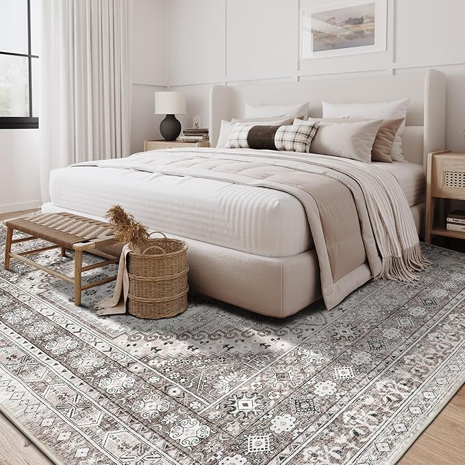 zesthome 9x12 Area Rugs,Stain Resistant Washable Rug,Ultra-Thin Rugs for Living Room,Bedroom,Non-Slip Backing Home Decor Large Area Rug (Brown/Beige,9'x12')