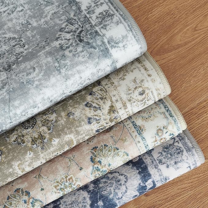 jinchan Fiora Hallway Runner Rug 3x10 Washable Runner - Vintage Floral Non Slip Low-Pile Soft Thin Faux Wool Kitchen Rug Distressed Carpet for Farmhouse Bedroom Laundry Room(3x10ft,Dark Blue)