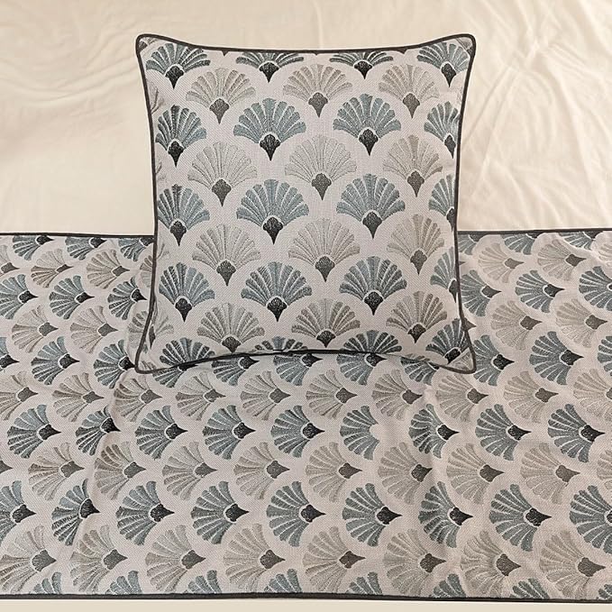 The HomeCentric King Queen Twin Blue & Grey Designer CA King 86"x18" Bed Runner with 2 Pillow Cover, Floral Embroidery Bed Scarf on Cotton Fabric - Flourish Bloom