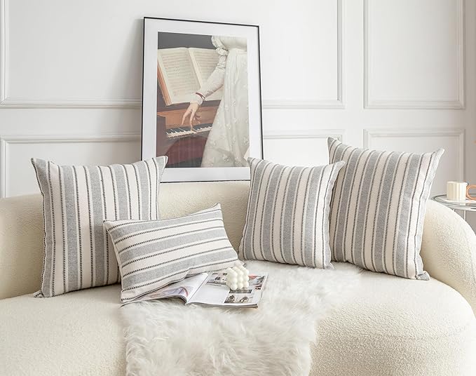 Decorative Boho Throw Pillow Covers, Farmhouse Textured Pillow Case, 20 x 20 Inch Set of 2, Chair Sofa Bedroom Living Room Home Decor Couch Cushion Case, Grey and Beige Striped