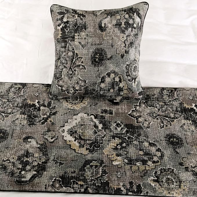 The HomeCentric Handmade Black & Grey Twin 53 x 18 inch Bed Runner with Matching Pillow Cover, Velvet Damask with Tassels Bed Scarf, Abstract Modern - Paved Damask