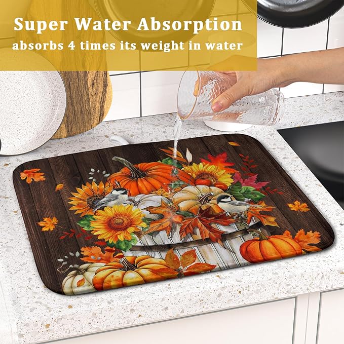 Fall Pumpkin Dish Drying Mat for Kitchen Counter Decor 16x18 Inch Halloween - Image 7