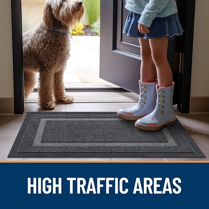 OLANLY Front Door Mat Indoor Outdoor Entrance, Waterproof All-Season, All-Weather Doormat, Sturdy Natural Rubber, Fade Resistant, Low Profile, Easy Clean Patio Porch Entryway Mat, 47x32, Grey