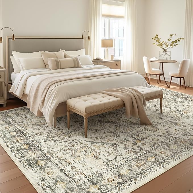 zesthome 6x9 Area Rug, Super Soft Washable Rugs for Living Room, Non-Slip Stain Resistant Vintage Rugs, Ultra-Thin Large Area Rugs (Beige/Brown,6'x9')