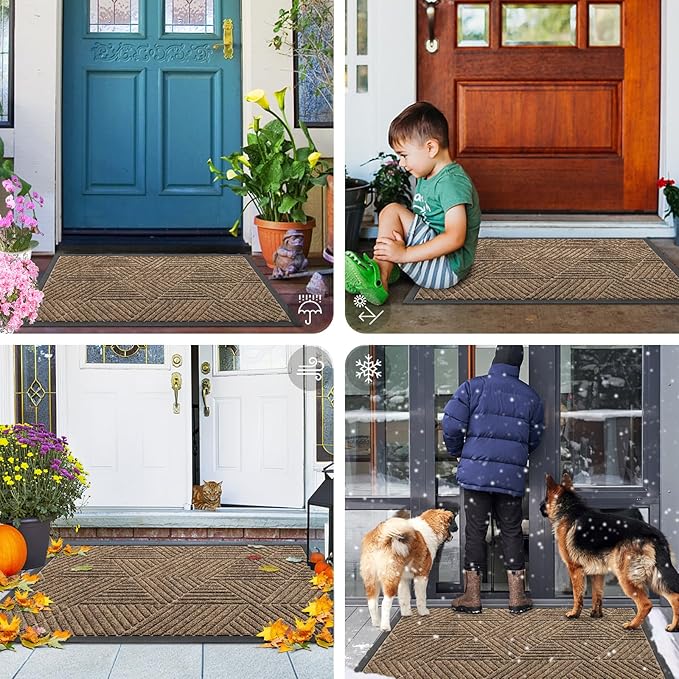 Smiry Front Door Mat Outside Entrance, Heavy Duty Sturdy Natural Rubber Doormat, Trap Dirt and Moisture, Easy Clean Low Profile Mats for Indoor Outdoor Entry, Irregular Triangle (33x21, Brown)