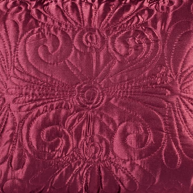 Touch of Class Portia Luxury Bedding | Rich Ruby Red | Premier Quilted Polyester Satin | Romantic Hand Guided Machine Quilted Scroll Design 3 Piece Set with King Bedspread and 2 King Shams