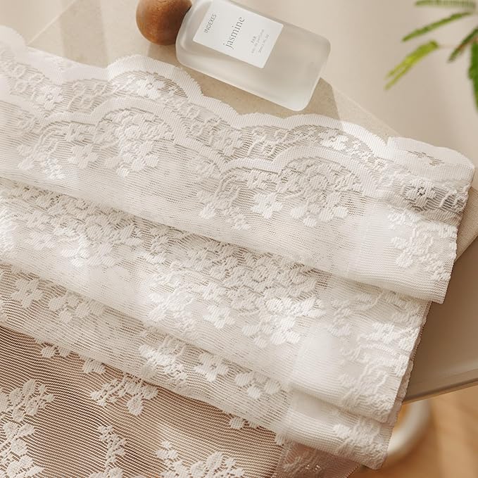 Anmao Vintage Lace Curtains 45 Inches Long 2 Panels Set, Romantic Elegant Light Filtering Semi Sheer Floral Thick Lacy Curtain Drapes for Living Room and Bedroom, Each Panel 55W x 45L, Beige Plum