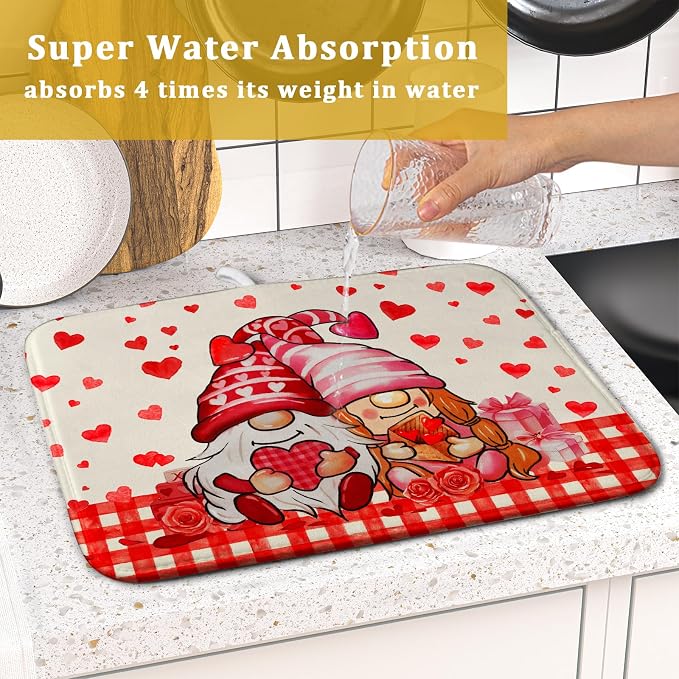 Love Gnome Dish Drying Mat 16"x18" Red Heart Microfiber Dish Drainer Rack Mat - Image 7