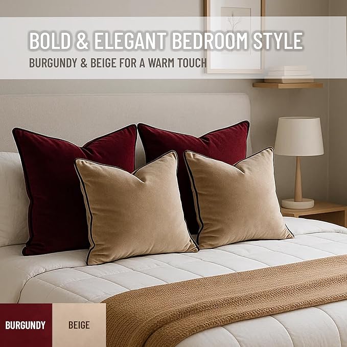 2 Pack Velvet Decorative Throw Pillow Covers, 12"x20", Beige and Brown, Solid, Modern, Contrast Piping, Indoor Use, Bedroom & Living Room