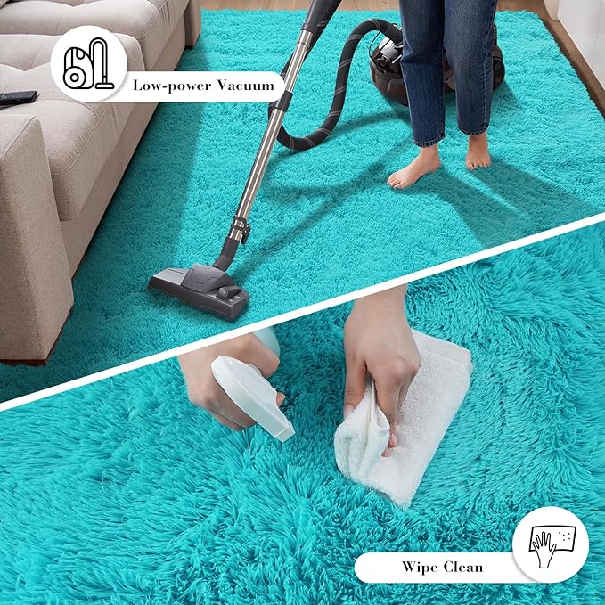 Teal Blue Rug Fluffy Rugs, 3x7 Teal Area Rugs for Bedroom, Soft Cute Baby Play Mat, Indoor Floor Carpet for Teen, Nursery, Preppy Dorm, Plush Aesthetic Bedside Rug