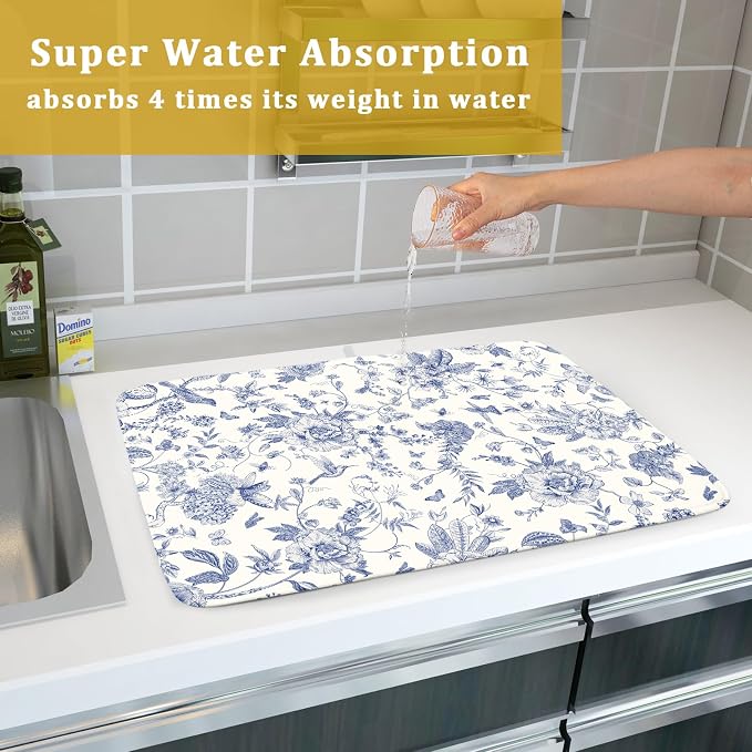 Giwawa Chinoiserie Flower Dish Drying Mat Blue Leaves Dishes Drying Pad - Image 7