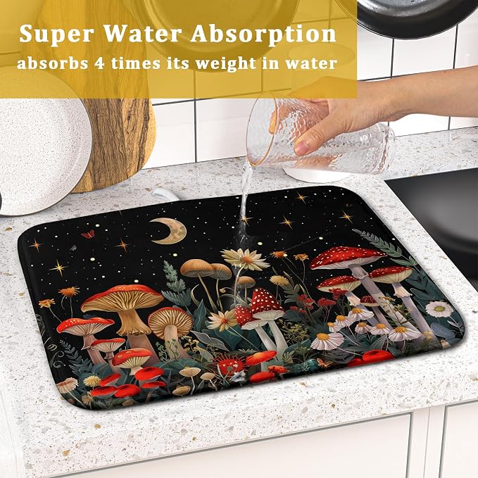 Black Mushroom Dish Drying Mat for Kitchen Counter Leaves Botanical Microfiber - Image 7