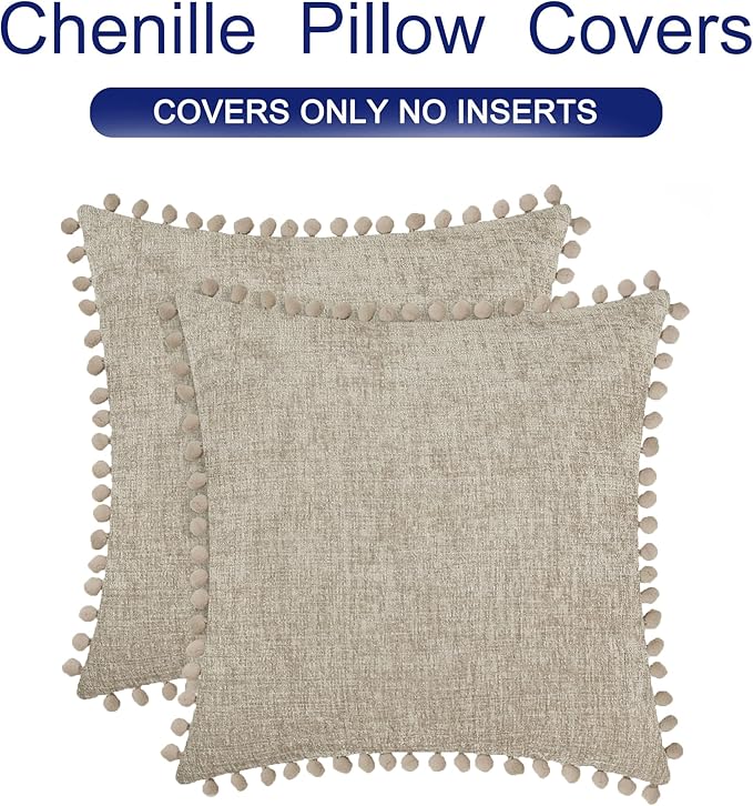CaliTime Throw Pillow Covers Decorative 16 X 16 Inches Pack of 2 Cozy Solid Dyed Soft Chenille Cushion Cases with Pom Poms for Couch Sofa Bed Living Room Home Taupe