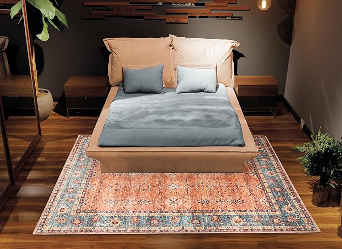 Bloom Rugs Washable Non-Slip 2' x 3' Rug - Orange/Teal Blue Traditional Bordered Area Rug for Living Room, Bedroom, Dining Room, and Kitchen - Exact Size: 2' x 3'