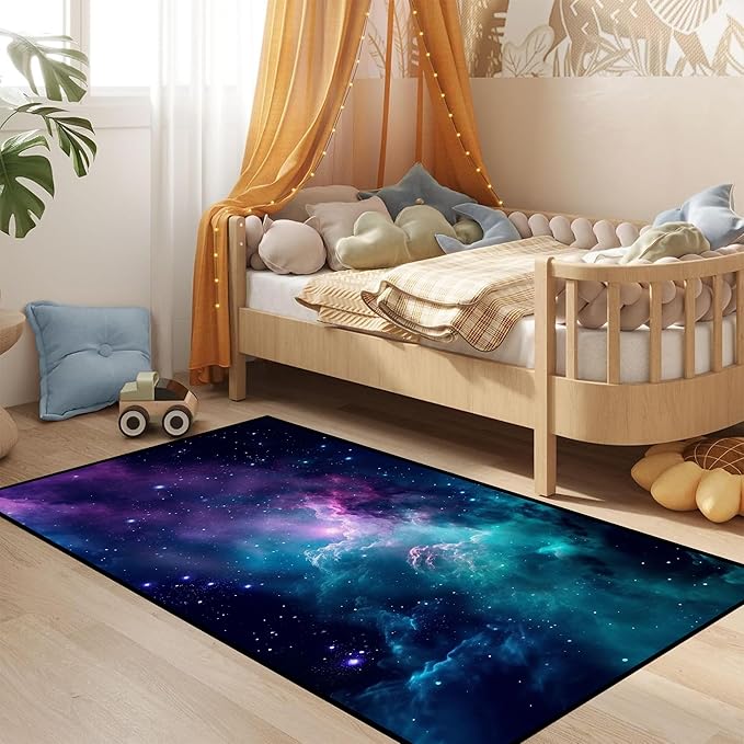 Galaxy Area Rug Dark Blue Outer Space Starry Sky Carpets for Kids Bedroom Living Room Glitter Throw Rugs Floor Mat, 31" X 63",Dark Blue