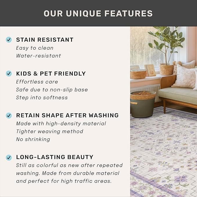 8x10 Large Lavender Rug for Bedroom, Floral Area Rug for Living Room, Dinning Room Under Table, Cute Fantasy Décor, Non Slip Low Pile Stain Resistant Washable Foldable Carpet