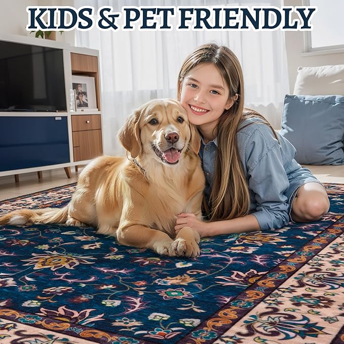 Tangspp Floral Washable Runner Rug, 2x5 Rug Runners for Hallways Non Slip, Vintage Boho Runner Rug for Entryway Indoor, Blue Print Carpet Runner, Soft Low Pile Runner for Kitchen Bedroom Navy Blue