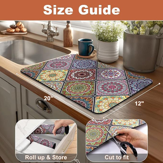 Yamaziot Boho Coffee Mat 12"x20", Floral Dish Drying Mat - Image 2