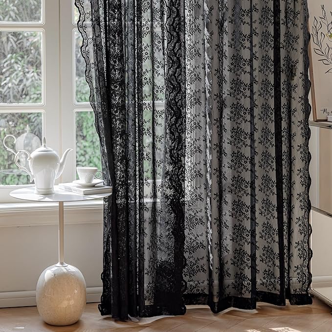 Anmao Vintage Lace Curtains 90 Inches Long 2 Panels Set, Romantic Elegant Light Filtering Semi Sheer Floral Thick Lacy Curtain Drapes for Living Room and Bedroom, Each Panel 55W x 90L, Black