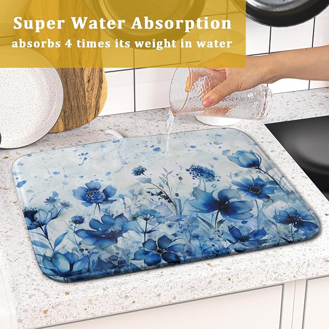 Giwawa Blue Floral Dish Drying Mat - Image 7